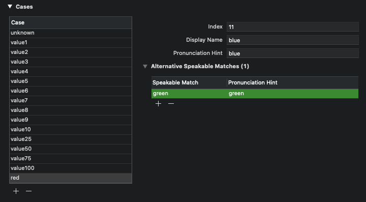 A test enum case with identifier .red, display name blue and alternative speakable match green